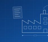 Blueprint-style drawing of a factory with dimension lines, a spec sheet and a gear